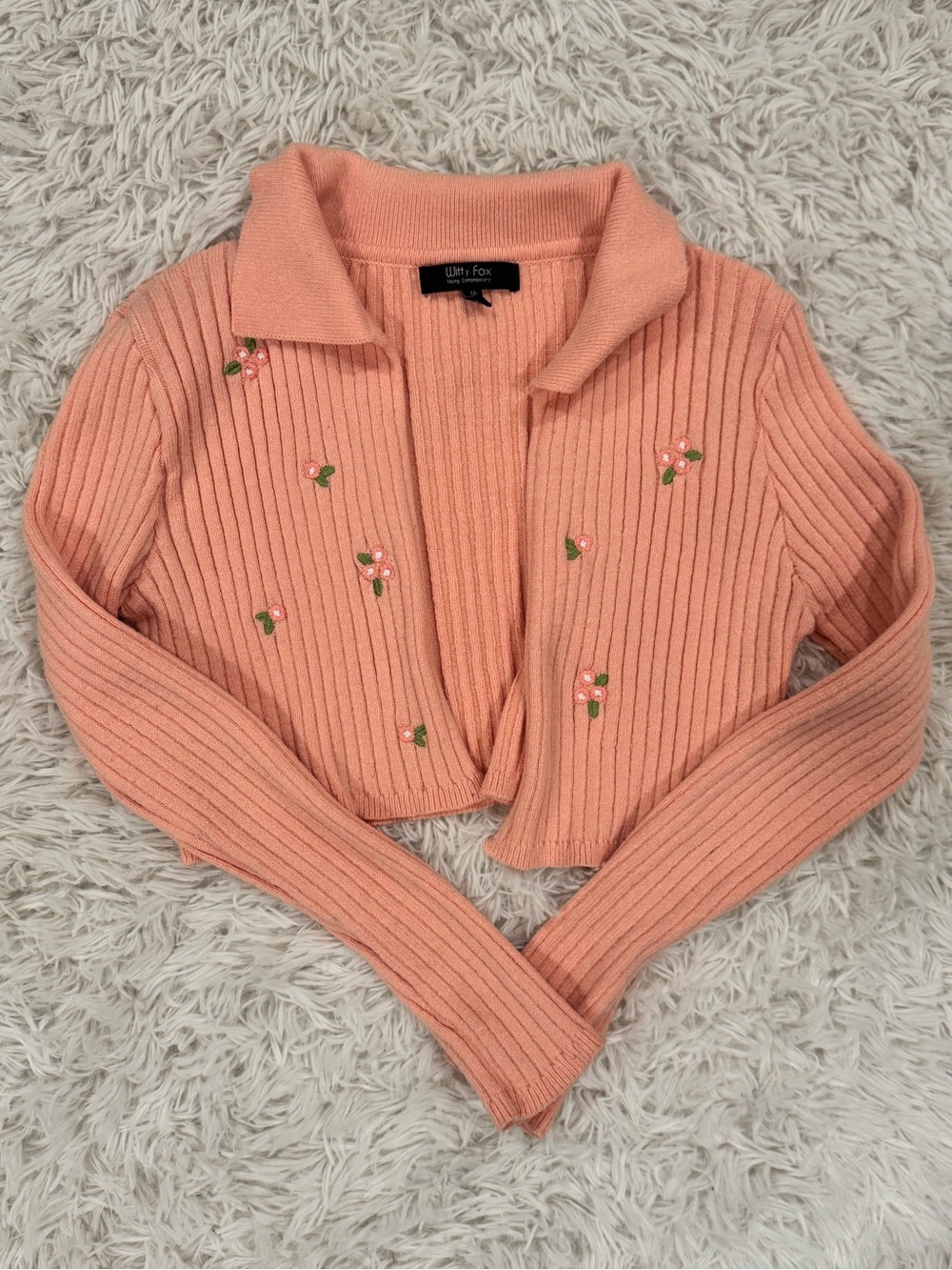 White Fox Boutique Peach Ribbed Cropped Cardigan with Floral Embroidery